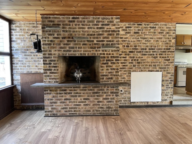 unfurnished living room featuring wood ceiling and light hardwood / wood-style flooring