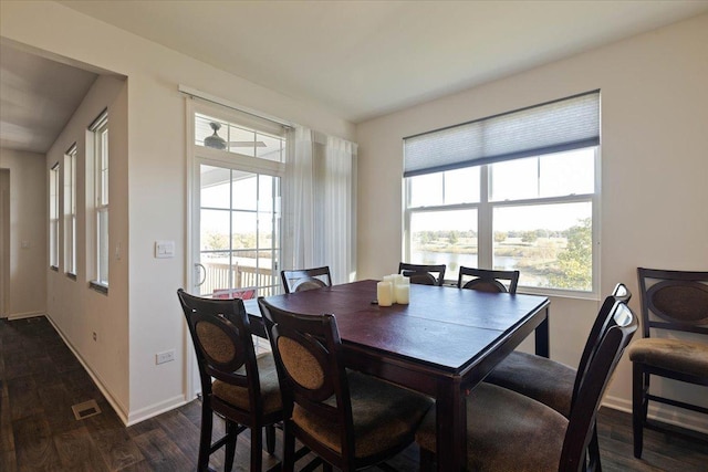 dining room featuring dark wood-type flooring and a water view