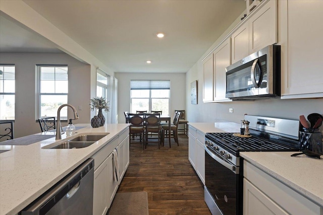 kitchen with stainless steel appliances, light stone counters, dark hardwood / wood-style floors, sink, and white cabinetry