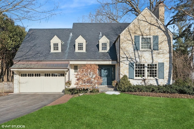 cape cod home with a garage and a front lawn