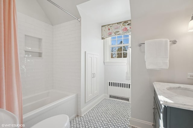 full bathroom featuring toilet, vanity, tile patterned flooring, shower / bath combination with curtain, and radiator heating unit