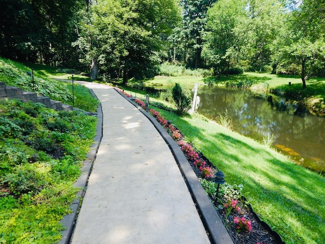 view of property's community featuring a water view and a lawn