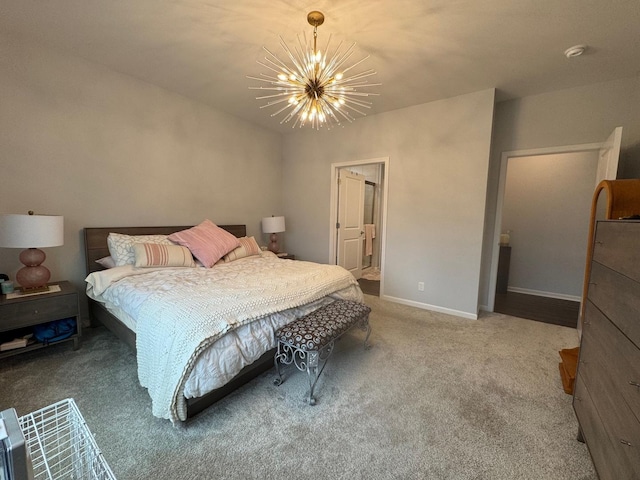 carpeted bedroom with an inviting chandelier