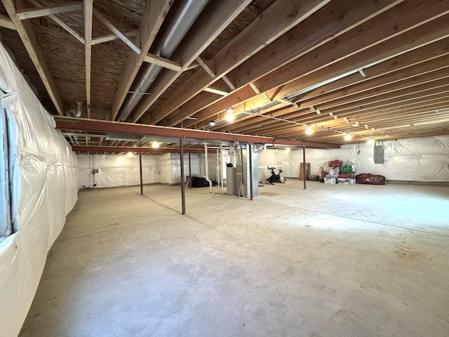 basement featuring electric panel and gas water heater