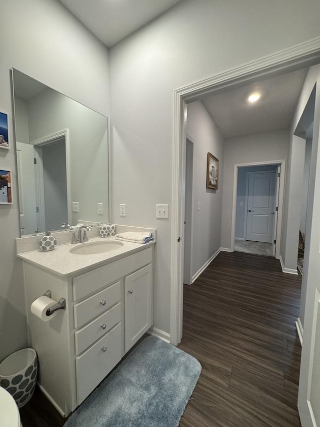 bathroom with vanity and wood-type flooring