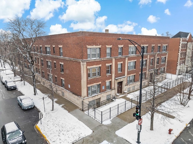 view of snow covered building