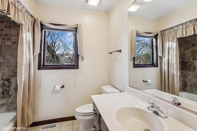 full bathroom with toilet, shower / bath combination with curtain, tile patterned floors, and vanity