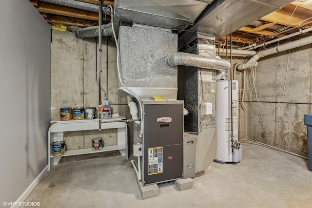 utility room featuring heating unit and water heater