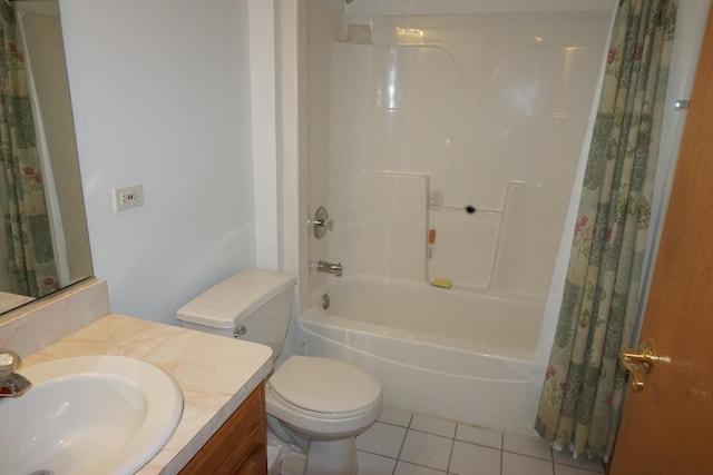 full bathroom with shower / tub combo, vanity, tile patterned floors, and toilet