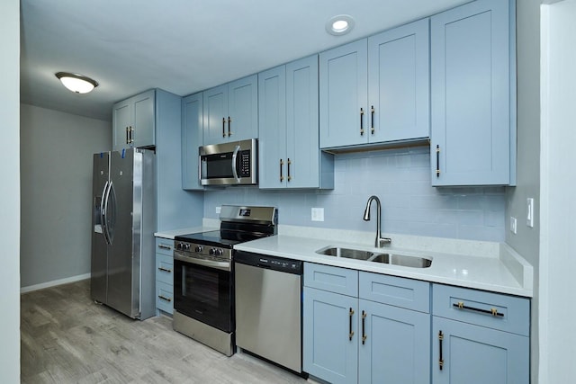 kitchen with stainless steel appliances, sink, tasteful backsplash, and light hardwood / wood-style flooring