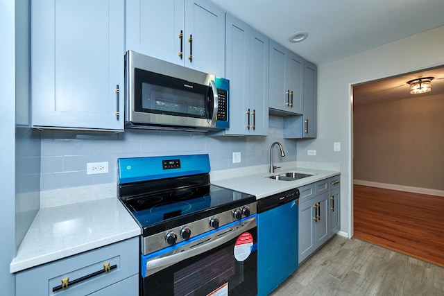 kitchen with stainless steel appliances, sink, light wood-type flooring, backsplash, and light stone countertops