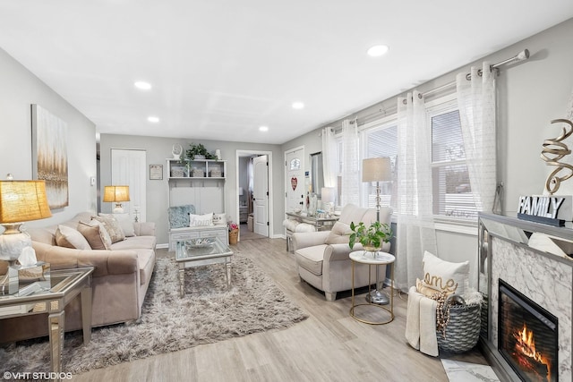 living room featuring a stone fireplace and light wood-type flooring