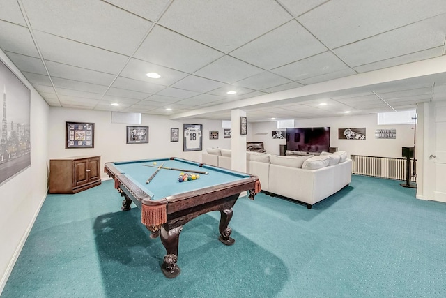 recreation room featuring pool table and carpet