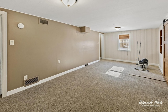 basement featuring carpet and a barn door