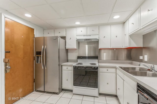 kitchen featuring white cabinets, a paneled ceiling, white electric stove, sink, and stainless steel fridge with ice dispenser