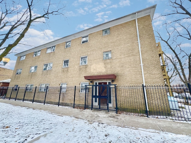 view of snow covered building