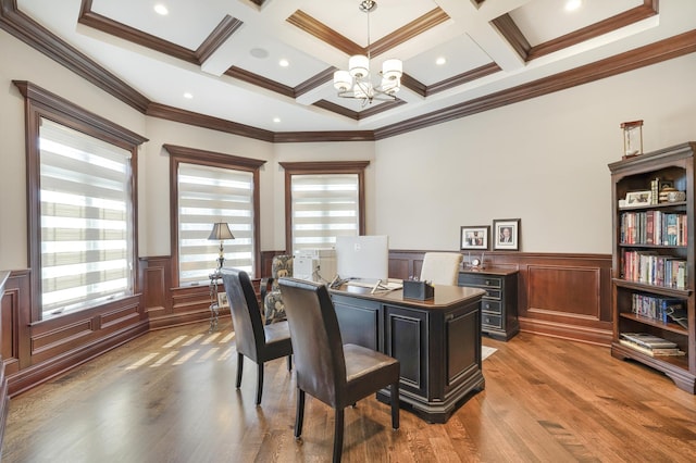 office area featuring an inviting chandelier, coffered ceiling, dark hardwood / wood-style floors, crown molding, and beamed ceiling