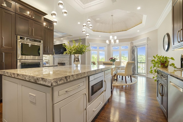 kitchen with appliances with stainless steel finishes, a kitchen island, hanging light fixtures, a raised ceiling, and a notable chandelier