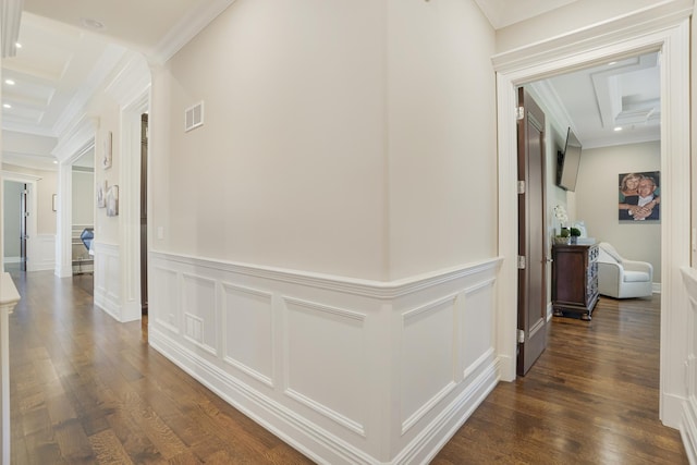 corridor featuring dark hardwood / wood-style flooring and crown molding