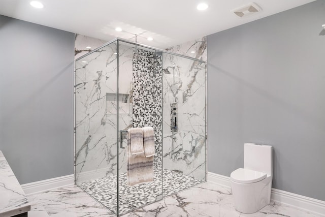 bathroom with toilet and an enclosed shower