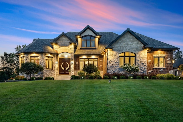 french country inspired facade with a lawn