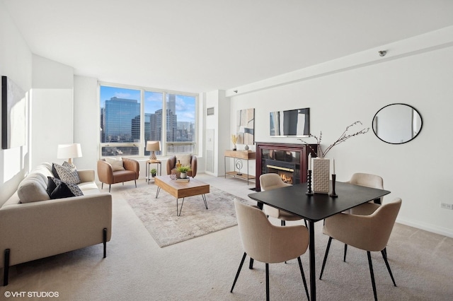 carpeted living room with expansive windows