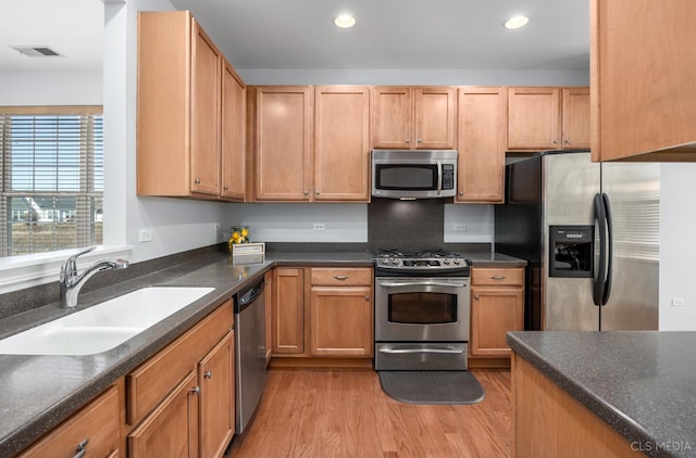 kitchen featuring stainless steel appliances, light hardwood / wood-style floors, and sink