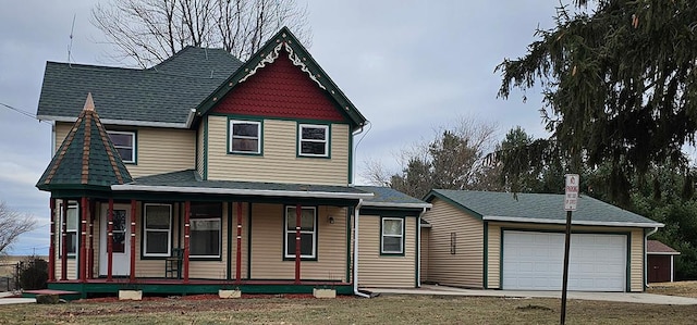 view of front of house with a front yard, covered porch, and a garage