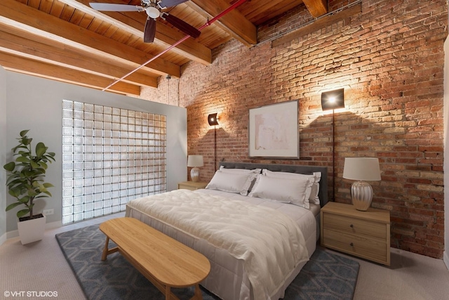 bedroom with wood ceiling, brick wall, beamed ceiling, and carpet flooring