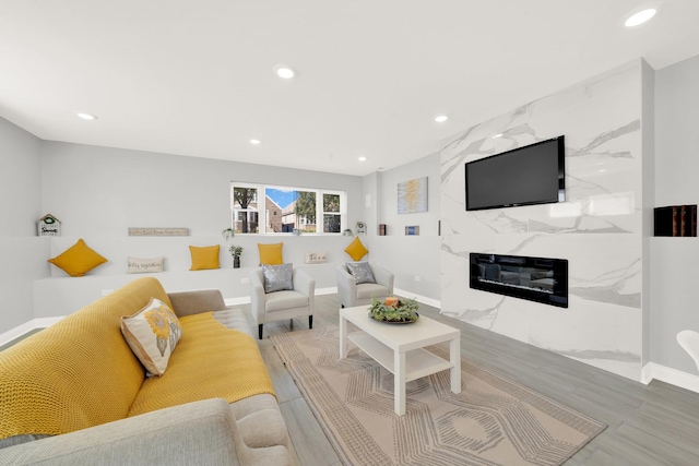 living room featuring wood-type flooring and a high end fireplace