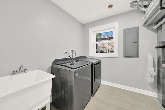 laundry room with washer and clothes dryer, sink, and electric panel