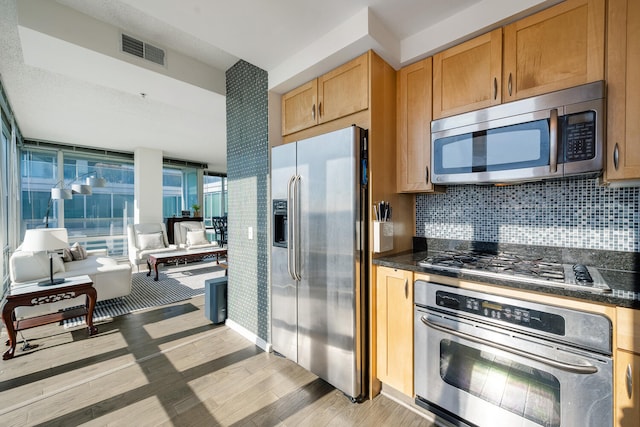 kitchen featuring backsplash, light hardwood / wood-style flooring, and appliances with stainless steel finishes