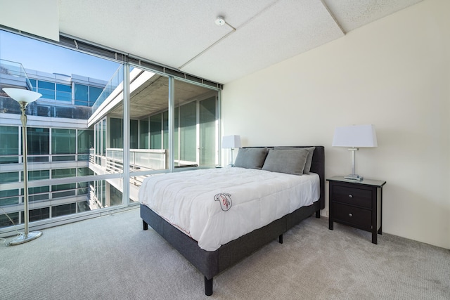 bedroom with expansive windows and carpet floors