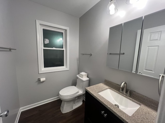 bathroom with vanity, wood-type flooring, and toilet