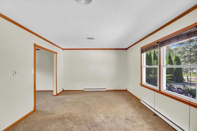 carpeted empty room with a baseboard radiator and ornamental molding