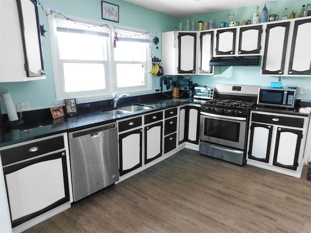 kitchen featuring sink, white cabinets, dark hardwood / wood-style flooring, and stainless steel appliances