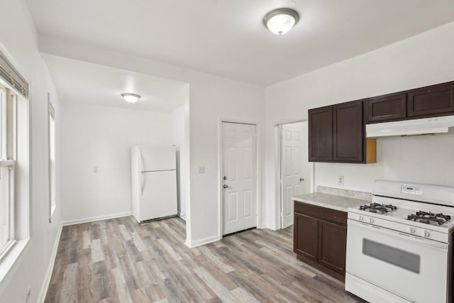 kitchen featuring dark brown cabinets, white appliances, and light hardwood / wood-style flooring