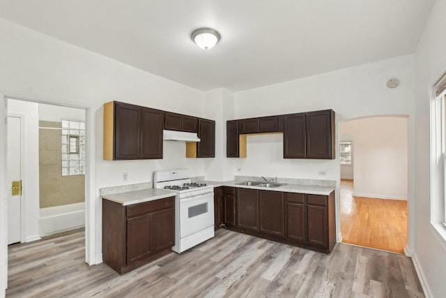 kitchen with white range with gas cooktop, light hardwood / wood-style floors, dark brown cabinets, and sink