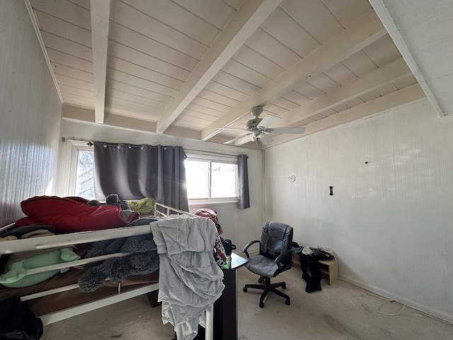 bedroom featuring ceiling fan, wooden ceiling, and beamed ceiling