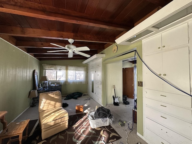 misc room with beam ceiling, ceiling fan, and wooden ceiling