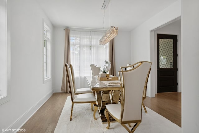 dining room featuring an inviting chandelier, a healthy amount of sunlight, and light hardwood / wood-style floors