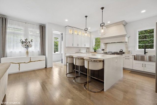 kitchen featuring premium range hood, decorative backsplash, white cabinets, and sink