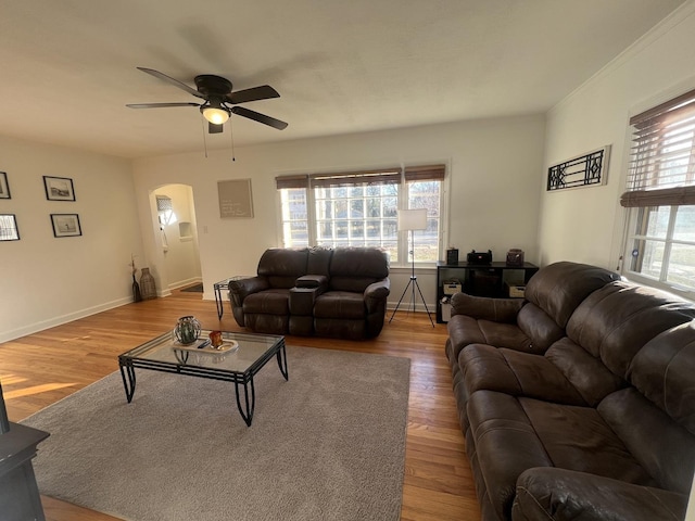 living room with ceiling fan and hardwood / wood-style floors