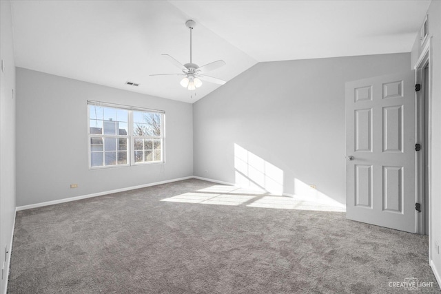 unfurnished room with ceiling fan, carpet, and lofted ceiling