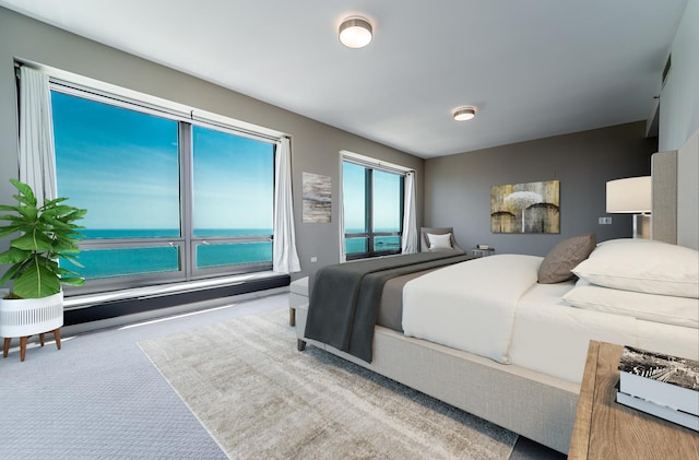 carpeted bedroom with a water view