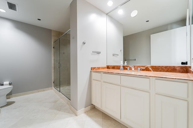 bathroom featuring tile patterned floors, an enclosed shower, vanity, and toilet