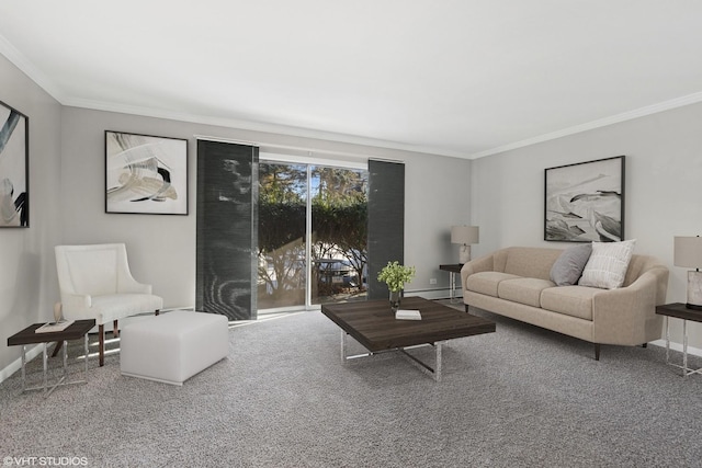 carpeted living room with baseboard heating and ornamental molding