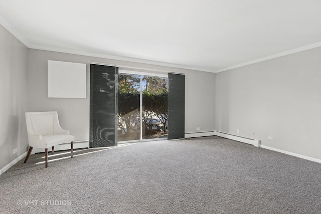 unfurnished room featuring a baseboard radiator, ornamental molding, and carpet flooring