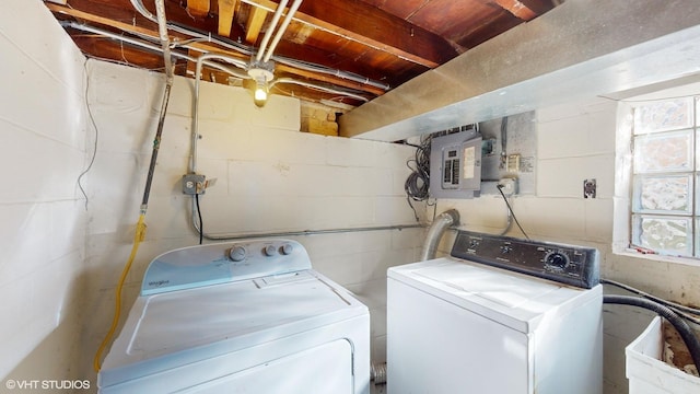 laundry room with washing machine and dryer and electric panel