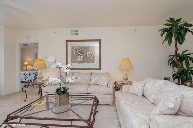 living room with ceiling fan